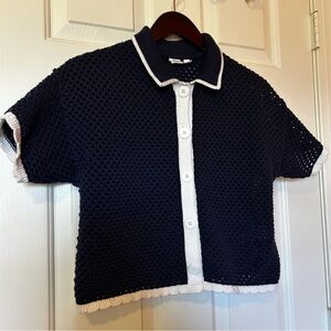 Gap Collared Crochet Short Sleeve Cardigan Navy White Cotton Boxy Women's Small